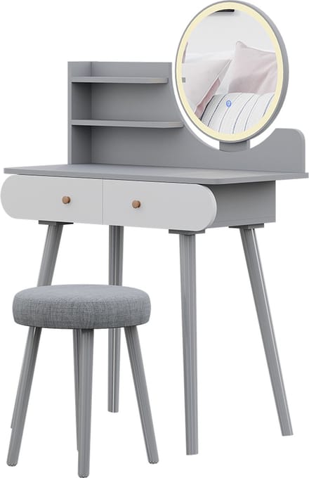 Vicco Kaptafel set met kruk Edda, Grijs, 80 cm met LED-spiegel en kruk