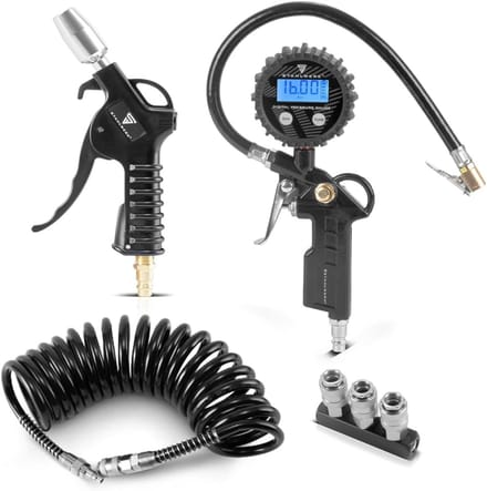 Persluchtset 4-delig - Compressor accessoires - Werkplaats organiseren - Digitale bandenpomp - 5 meter slang - Grijs