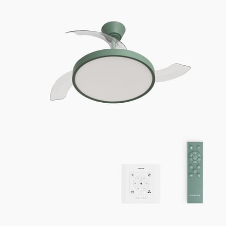 CREATE - Plafondventilator 40W stil met intrekbare bladen met licht - Ø91cm - Sage - Controller voor wandmontage + afstandsbediening - WIND CLEAR STUDIO