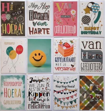 Verjaardag Wenskaarten - 12 Stuks - Gefeliciteerd - 12 x 17 cm - L-192