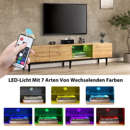 Modern TV-meubel met houtnerf, variabele LED-verlichting, 175 (L) x 31 (B) x 41 (H) cm