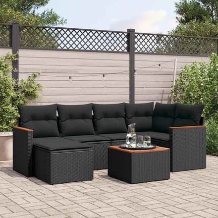 vidaXL - 7-delige - Loungeset - met - kussens - poly - rattan - zwart
