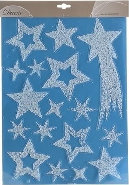 Decoris Kerst raamstickers glitter sterren - wit - kunststof - 30 x 40 cm