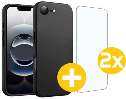 Hoesje en Screenprotector Combi Geschikt Voor iPhone 17e / 16e - Zwarte Siliconen Hoesje + 2x Screenprotector