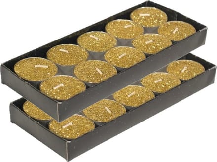 Gerim theelichtjes/waxinelichtjes kaarsjes- 20x - goud glitters 3,5 cm