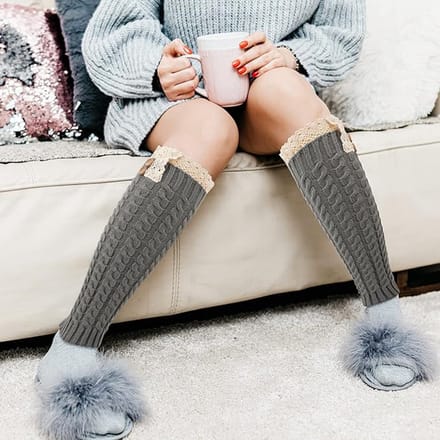 Famanu - Overknee beenwarmers met strepen, grote maat, warm en elastisch