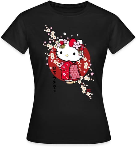 Hello Kitty In Een Rode Kimono En Kersenbloesems T-Shirt Dames