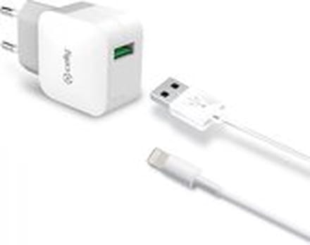 Celly USB-A Thuislader + USB-A naar Lightning kabel – Voor iPhone, iPod of iPad - 2.4A – 1 Meter - Wit