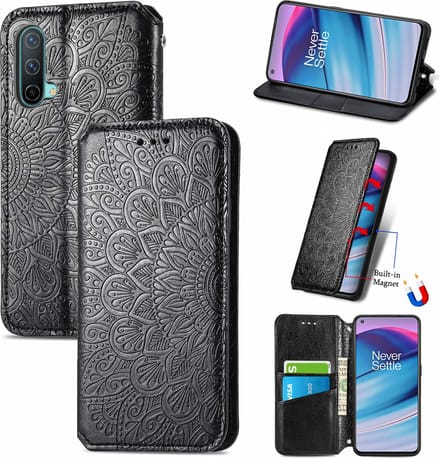 Luxe PU Lederen Blooming Mandala Reliëfpatroon Wallet Case + PMMA Screenprotector voor OnePlus Nord CE 5G _ Zwart