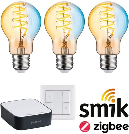 Paulmann Zigbee 3.0 Smart Home Startset Smik Gateway + Wandschakelaar + 3x Filament LED Lamp E27 Tunable White - 2200K-5500K - Goud - Dimbaar