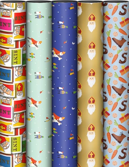 Sinterklaas cadeau papier gekleurd set van 5 verschillende rollen | Luxe cadeau papier