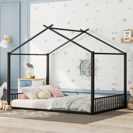 MODFU Bedframe 140x200 cm van metaal – zwart – huisvormig ontwerp – kinderkamer
