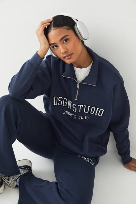 Dames DSGN Studio Applique Oversized Half Zip Sweatshirt | Marineblauw | Maat: Medium