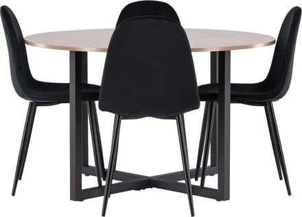 Durango eethoek tafel okkernoot decor en 4 Polar stoelen zwart.