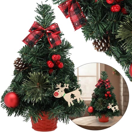 KLEINE Kunstkerstboom, rood met een ster van Bethlehem in een pot, VERSIERD 30 cm