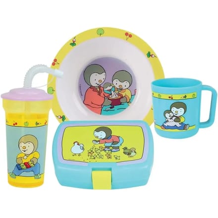 Set tafelservies, diepe bord, mok, rietjesbeker en 1 kindertrommel Fun House T'Choupi