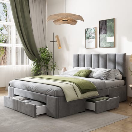 REDOM Bedframe 140x200 cm – Fluweel grijs – Met 4 lades & verstelbaar hoofdbord – Modern