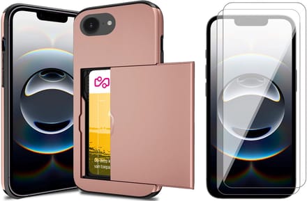Hoesje met Pasjeshouder geschikt voor iPhone 16e - 2x Screen Protector GlassGuard - Back Cover SlideCase Roségoud & Screenprotector