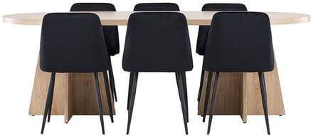 Bootcut eethoek tafel 115x230cm en 6 velours stoelen naturel.
