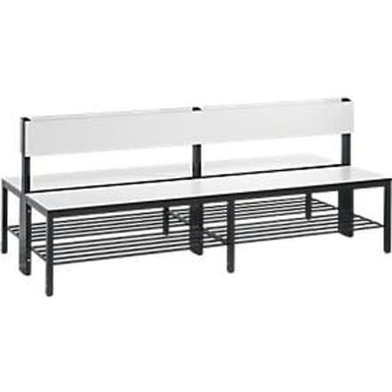 Basic Plus bank, 2-zijdig, met rugleuning en schoenenrek, 4-poots frame zwartgrijs RAL 7021, B 1960 mm, decor wit