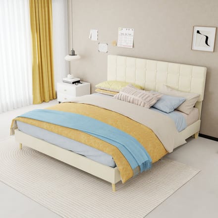 REDOM - Bedframe - Geruit Hoofdbord - Moderne Stijl - Fluweel - Beige - 160 X 200 Cm