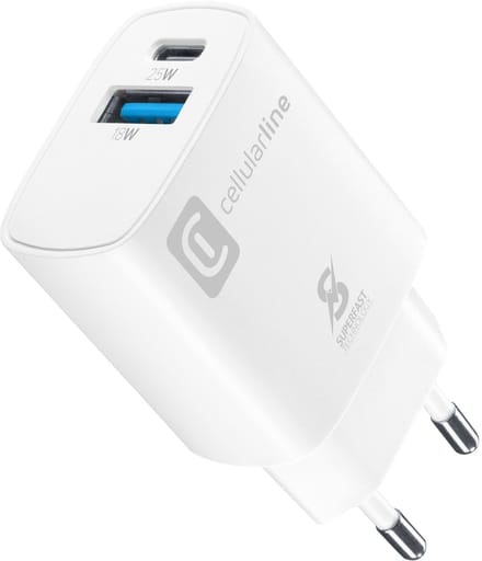 Cellularline ACHSM2USBPD25WSMLW oplader voor mobiele apparatuur Smartphone, Universeel Wit AC Snel opladen Binnen