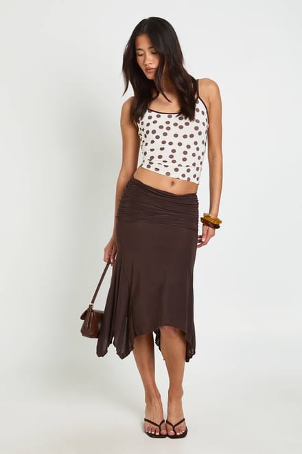 boohoo Dames Midi Rok Met Puntige Zoom | Chocoladebruin | Maat: 40