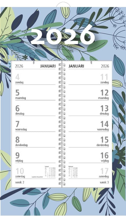 MGPcards - Omlegweekkalender 2026 - Week begint op zondag - 21 x 34 cm - Bladeren - Licht blauw