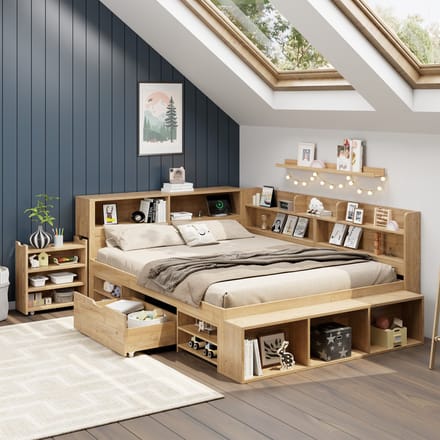 MODFU - Kinderbed Met Opbergruimte En Lattenbodem - Eenvoudig Ontwerp - Multiplex - Naturel - 140 X 200 Cm