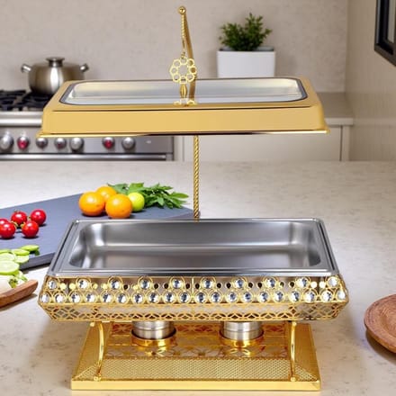 Chafing Dish Set - Buffetwarmer Voedselwarmer - Feesten Warm Houden - Elegant Goud Diamant Design - 9QT - Goud