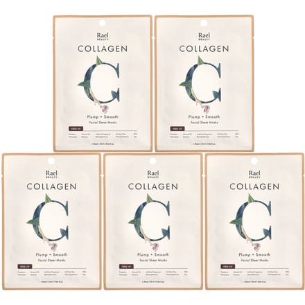 Rael, Beauté, Masque Visage Beauté Collagène, 5 feuilles, 25 ml (0,84 once liquide) chaque beige