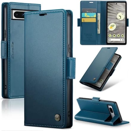 CaseMe Wallet Case met RFID Bescherming en Magneetsluiting + Glas Screenprotector voor Google Pixel 7a _ Blauw