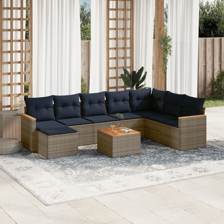 vidaXL - 9-delige - tuinbankset - met - kussens, - grijs - polyrotan