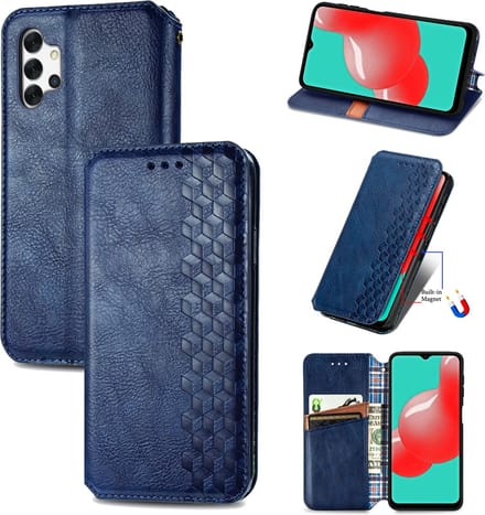 Luxe PU Lederen Ruitpatroon Wallet Case + PMMA Screenprotector voor Galaxy A32 4G _ Blauw