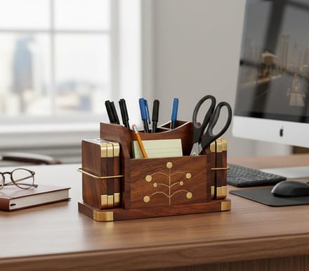 Omgoods - Houten Bureau Organizer met Messing Afwerking - Multifunctionele Onderzetter voor Kantoor