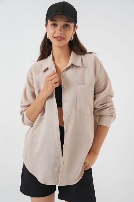Oversized Shirt van Linnen met Zakdetails