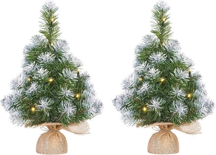 Mica Decorations Kunstkerstboom - 2x - nepsneeuw - 10 LED lampjes en sneeuw - H45 cm - Mini kerstboompjes