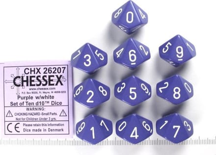 Chessex Opaque Paars/wit D10 Dobbelsteenset (10 stuks)