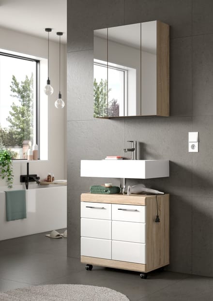 Badcombinatie op wielen - Sonoma Eiche licht en wit hoogglans - Moderne badkast