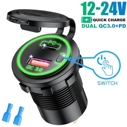65W QC3.0 USB PD Autolader Socket Waterdicht Snellaadadapter met Aan/Uit Schakelaar voor Auto Motorfiets Boot Marine