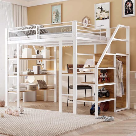 Wishdor Hoogslaper 140x200 cm – Bureau & Kledingkast – Opbergtrap – Wit Metaal – Compleet & Ruim