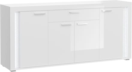 Skylight dressoir 4 deuren, 1 lade met licht hoog glans wit,glas grijs,wit.