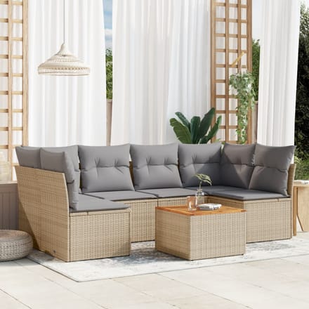 vidaXL - 7-delige - Loungeset - met - kussens - poly - rattan - beige