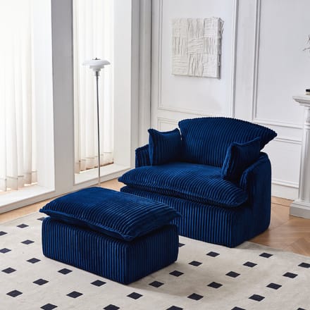 MODFU Fauteuil Met Hocker - Gecomprimeerd Ontwerp - Modern Vintage - Voor Woonkamer - Flanel - Blauw