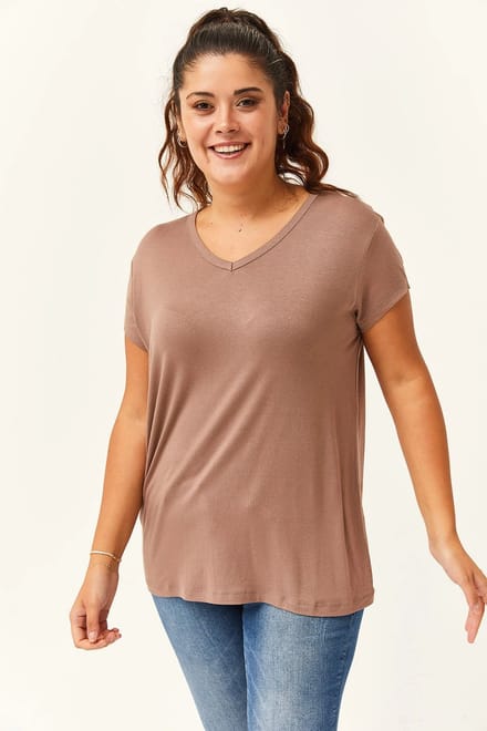 Dames Large T-Shirt - V-Hals Basic Kortemouw, Mink Maat L