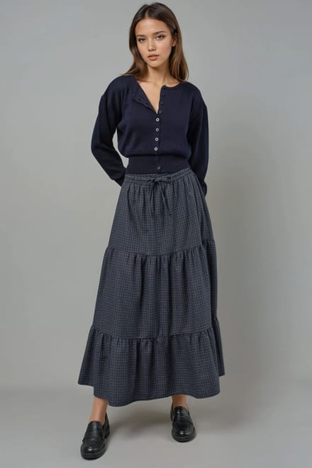Elastische Taille Gecontroleerde Geknoopte Laagjes Maxi Rok