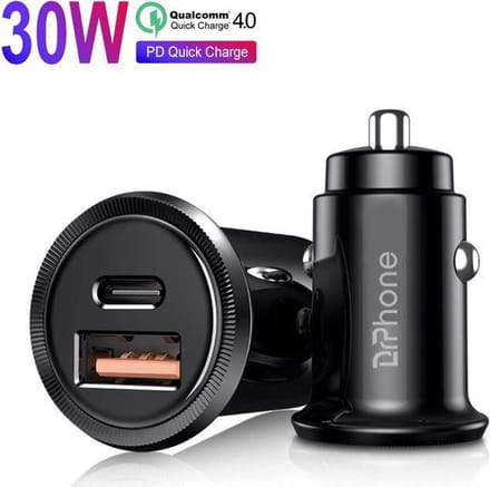 DrPhone® Autolader – Qualcomm 4.0 Snellader - 30W - USB-C met PD (power delivery) 3.0 Quick Charge – Zwart