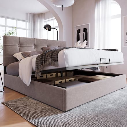 MODFU Bedframe 140x200 cm – Lichtgrijs fluweel met verstelbaar hoofdbord & hydraulisch