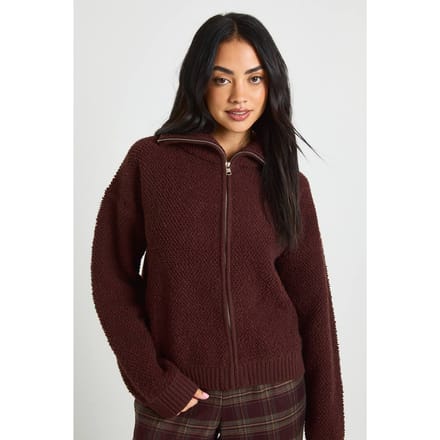 boohoo Dames Chunky boucle gebreide trui met ritssluiting | Chocolate | Maat: Small