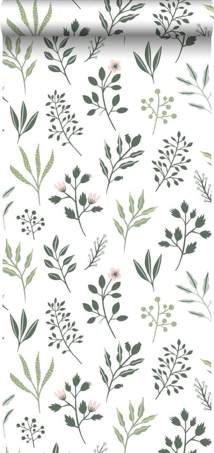 Walls4You behang veldbloemen groen en wit - 935320 - 0,53 x 10,05 m